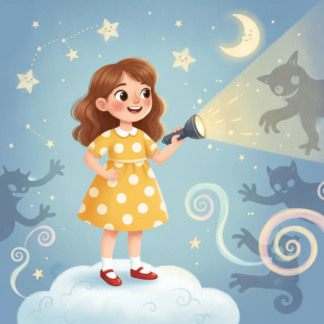 A child holding a flashlight, turning the shadow monsters on her wall into friendly creatures